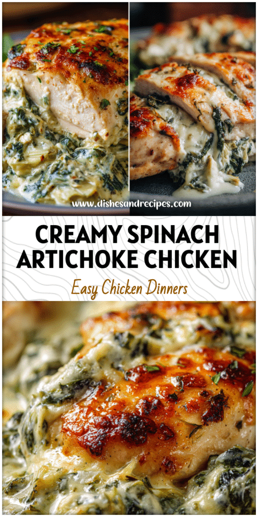 Close-up of creamy baked chicken topped with spinach and artichoke dip for a cozy dinner bake